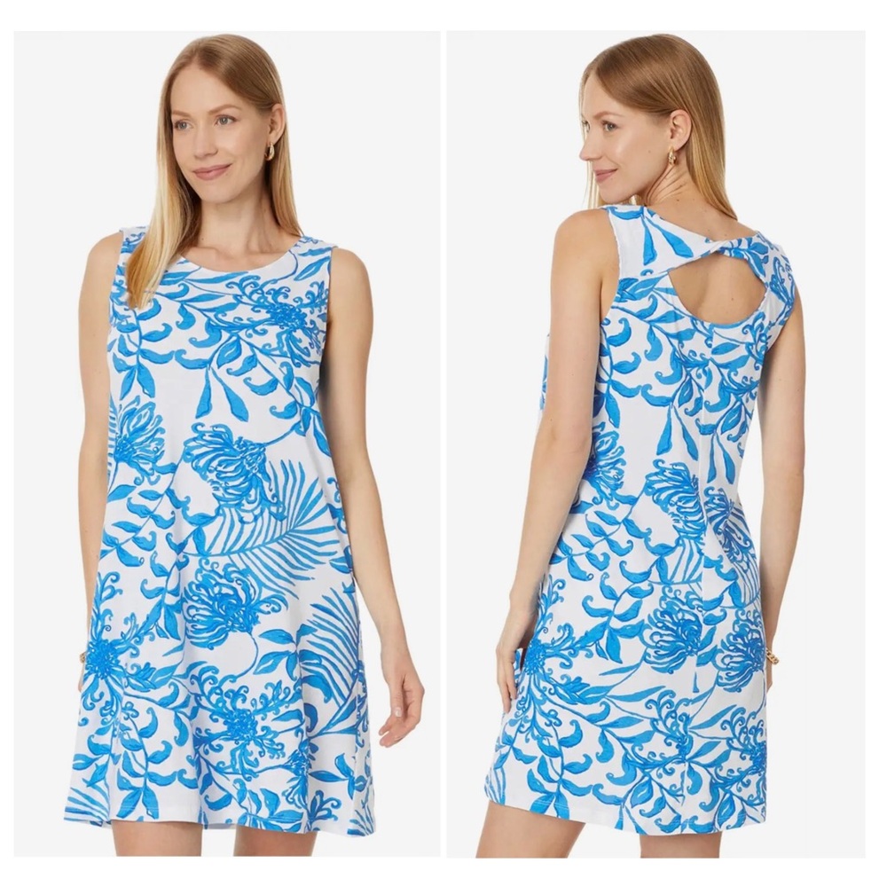 Lilly Pulitzer Eliza Blue Floral Print Sleeveless Dress Back Cutout Size Large